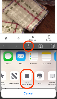 Screenshots of iOS highlighting the location of the sharing icon and thesubsequent "Add to Home Screen" option.